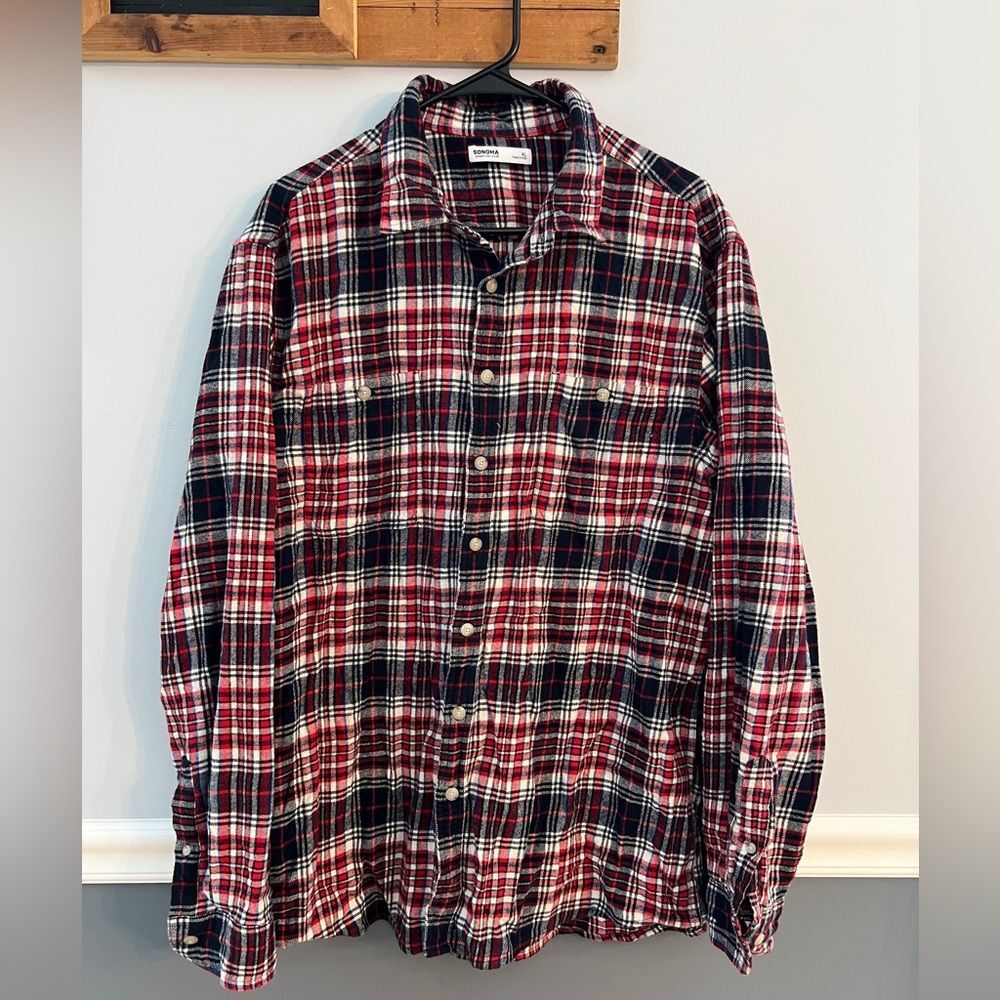 Men’s Sonoma Red & Navy Plaid Flannel Shirt XL